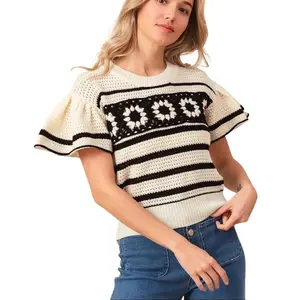 BiBi Granny Square Short Sleeve Striped Sweater Casual Blouse Top Crochet Womenswear Piece Knitwear