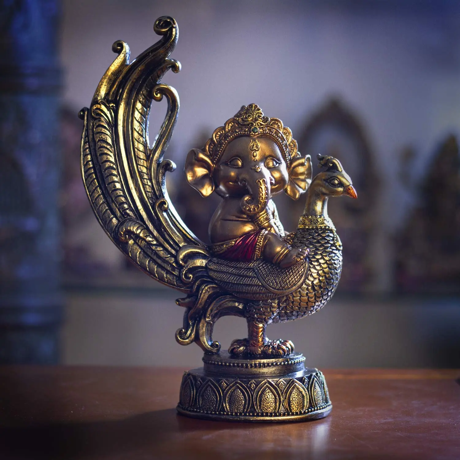 Hand-Crafted Hindu Religious Lord Ganesha Composite Resin Figurine, Elephant Motif on Peacock Base, Approx 3x7x9.5in Home Decor Room Accent Statue
