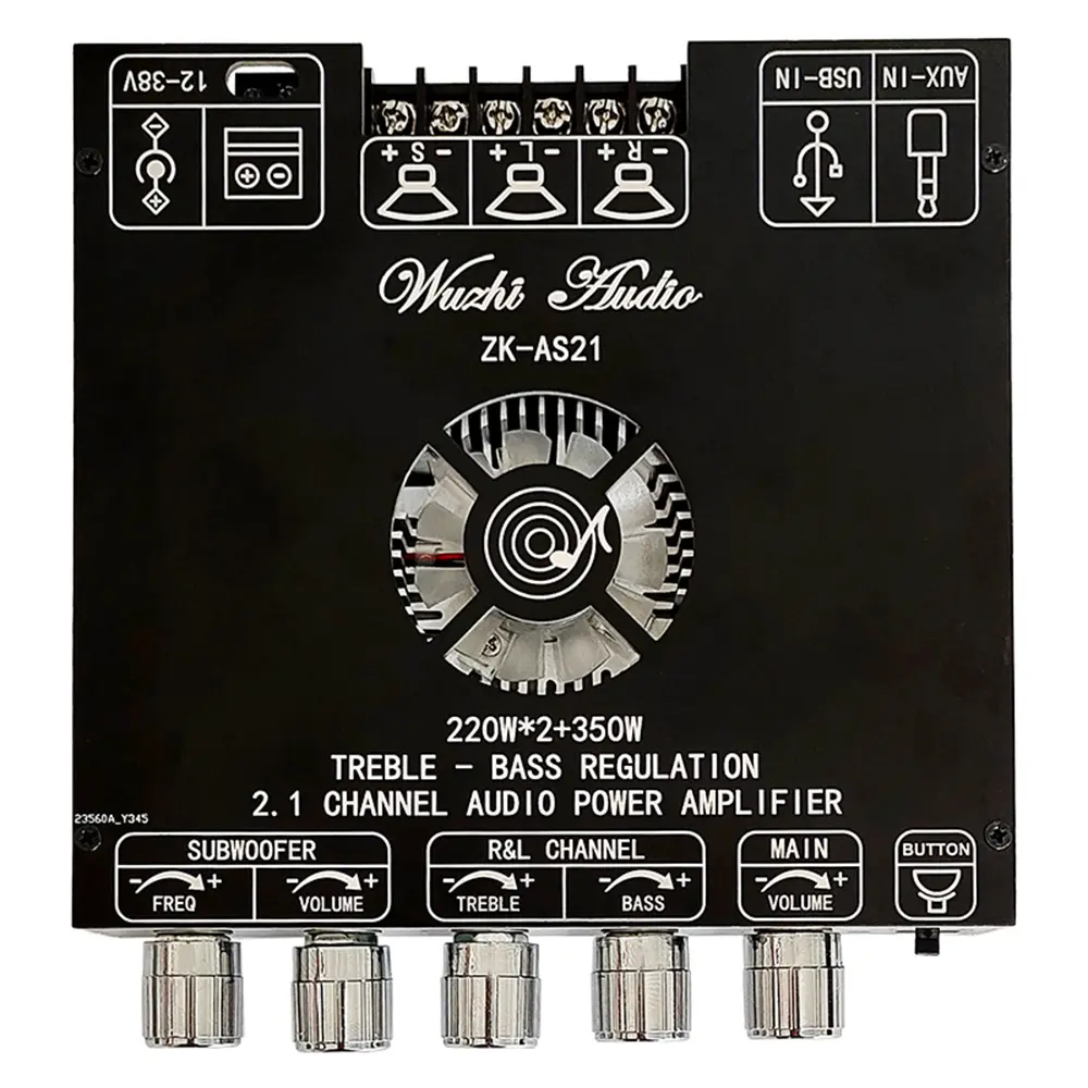 WUZHI AUDIO ZK-AS21 TPA3255 Wireless BT 5.1 Stereo Amplifier Module, 2.1 Channel Home Amplifier (220W+220W+350W) with USB, Card, Mechanical Stepless Tuner, Subwoofer, Protection for DIY Speakers, Bluetooth