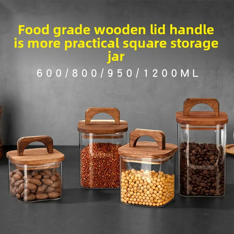 High Borosilicate Square Glass Canister with Etched Acacia Wood Lid, Food Grade Sealed Food Storage Container for Dried Tangerine Peel, Coffee Beans, Tea Leaves, Kitchen Spice Storage Bottles & Jars, Food Storage Containers