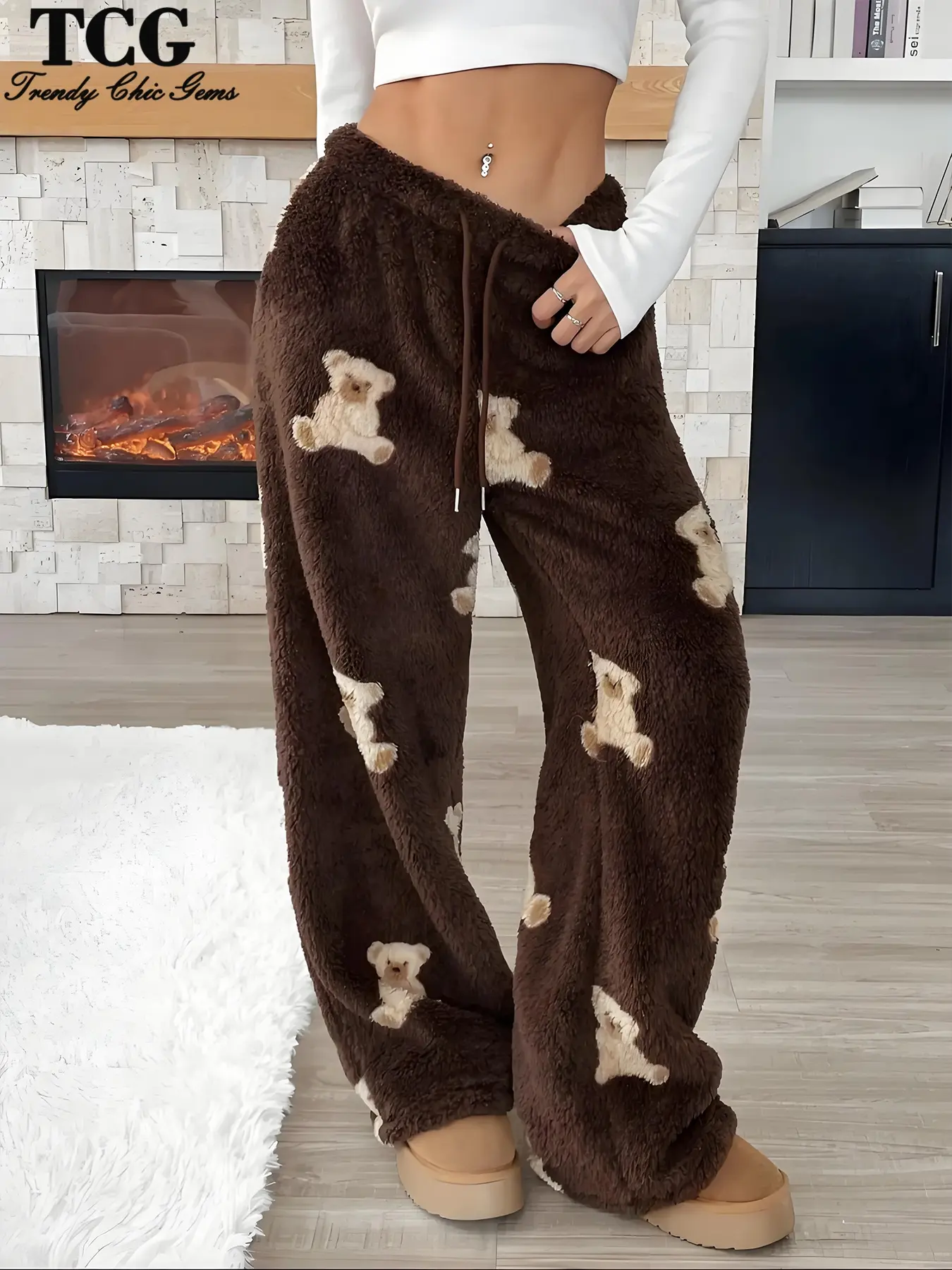 Women's Cartoon Bear Pattern Fleece Sleepwear, Thick Knit Warm Home Pants, Comfortable Soft Velvet Nightgown, Casual Fit for Fall Winter, Loungewear Pajamas