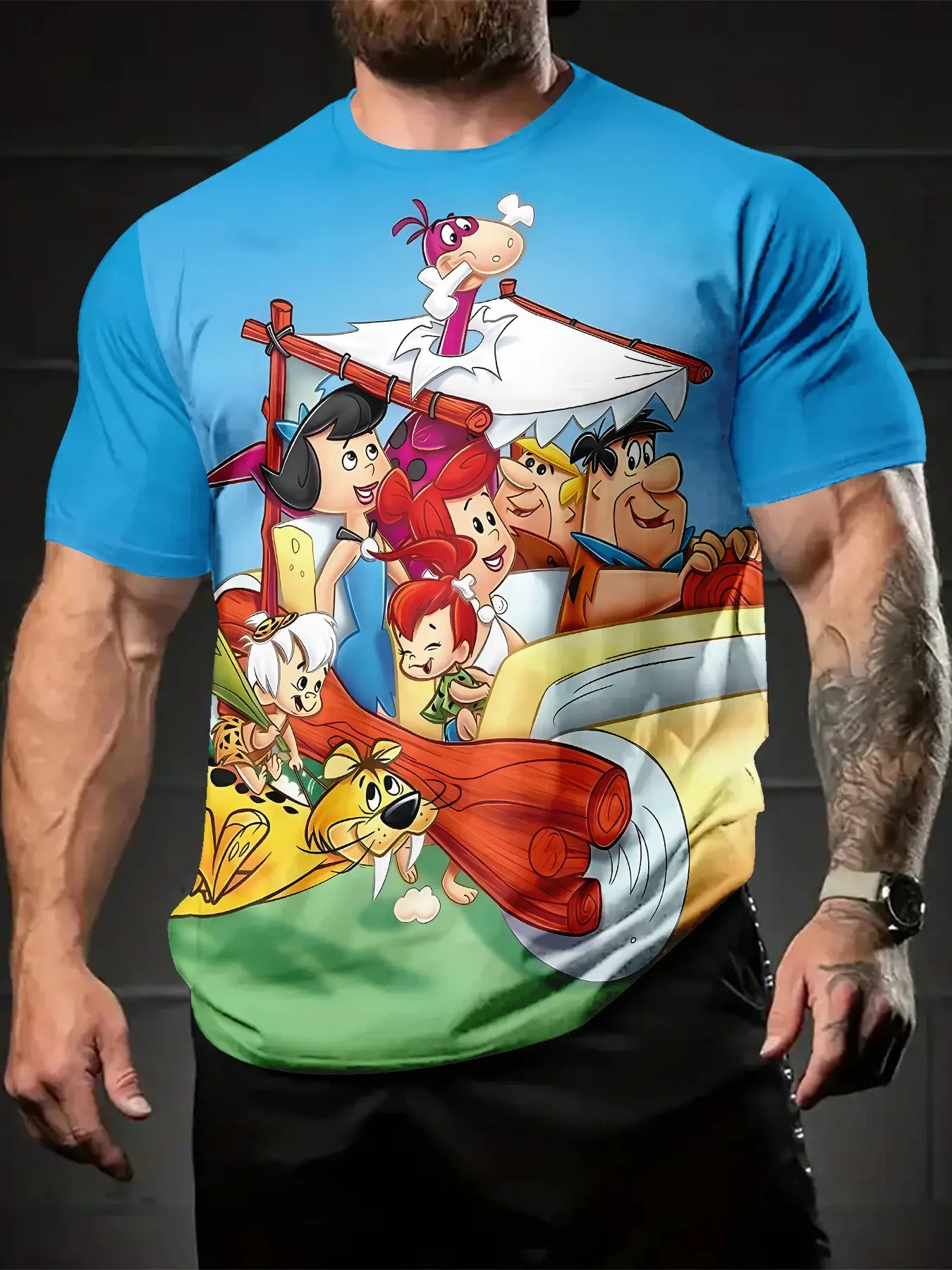 Go for a ride in a stone car! Flintstones outing 3D digital printed tropical T-shirt, casual and versatile streetwear sporty men's crew neck Round Neck short-sleeve, suitable for daily wear, a perfect holiday gift for men