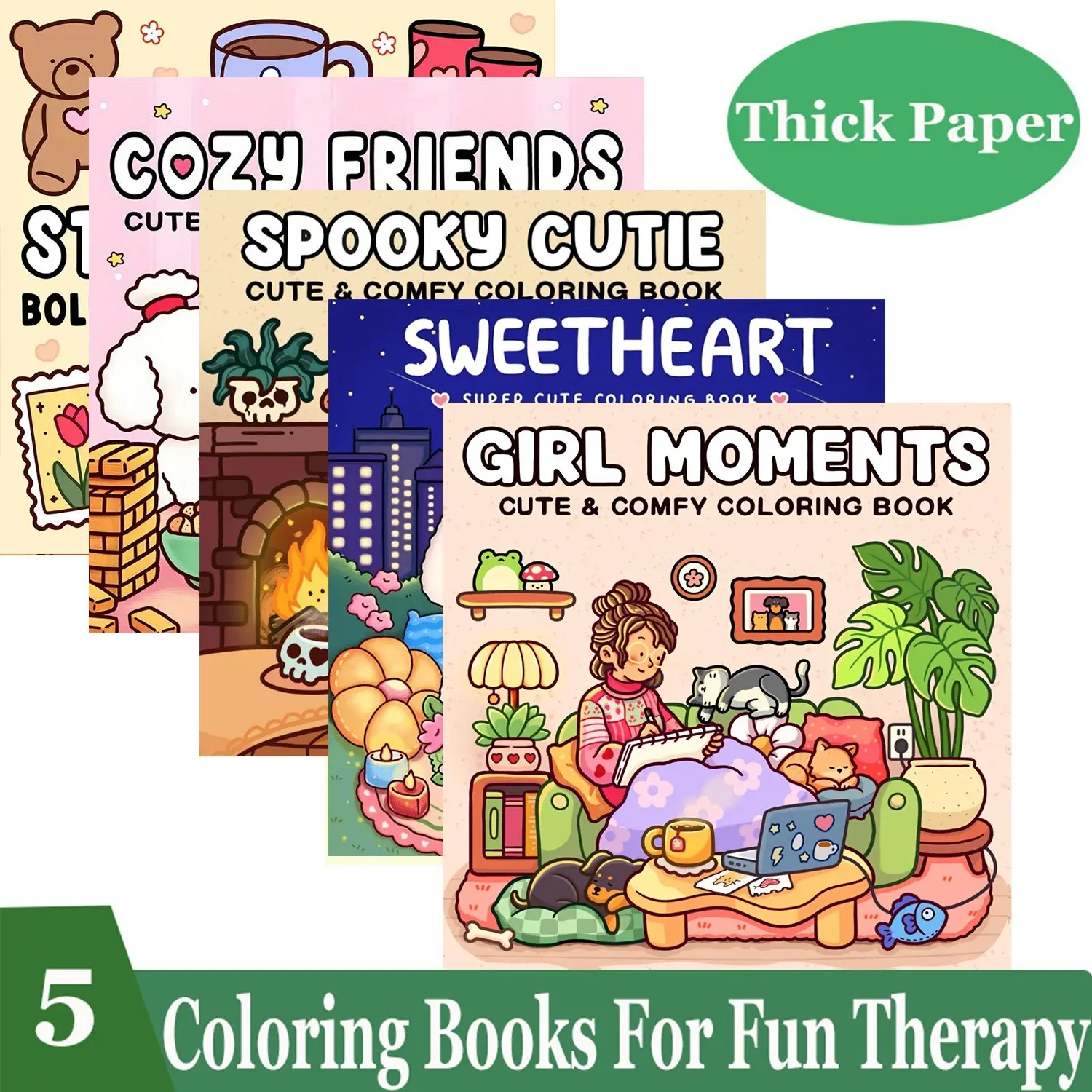 5-Piece GIRL MOMENTS|STRESS RELIEF|SPOOKY CUTIE|SWEETHEART|COZY FRIENDS| Lovely Coloring Book for Adults and Teens With Fun Therapy Illustrated Activity Book