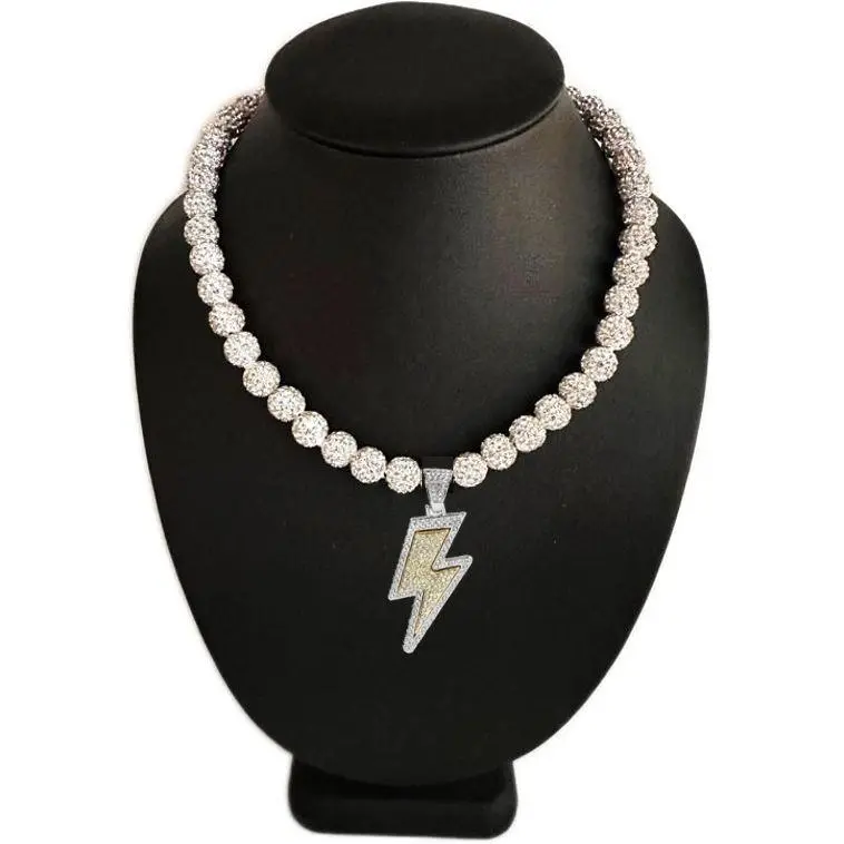 Iced Bling Disco Ball Rhinestone Crystal Bead Baseball Necklace White Out Lightning