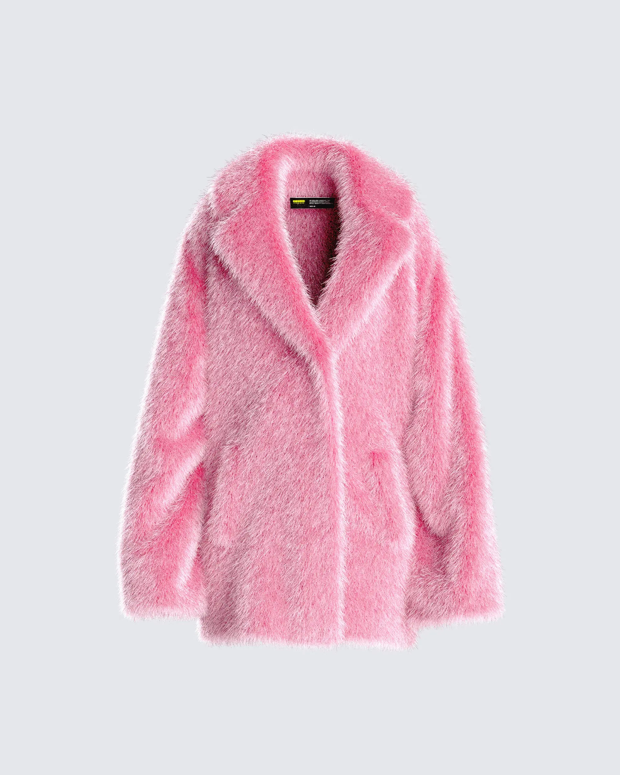 Women's Pink Faux Fur Jacket - Oversized Wrap Outerwear with Unisex Fit, Long Sleeves, and Front Pockets, Jackets, Longsleeves, Oversized Fit, Unisex Look, Wrap Style, Patch Pocket