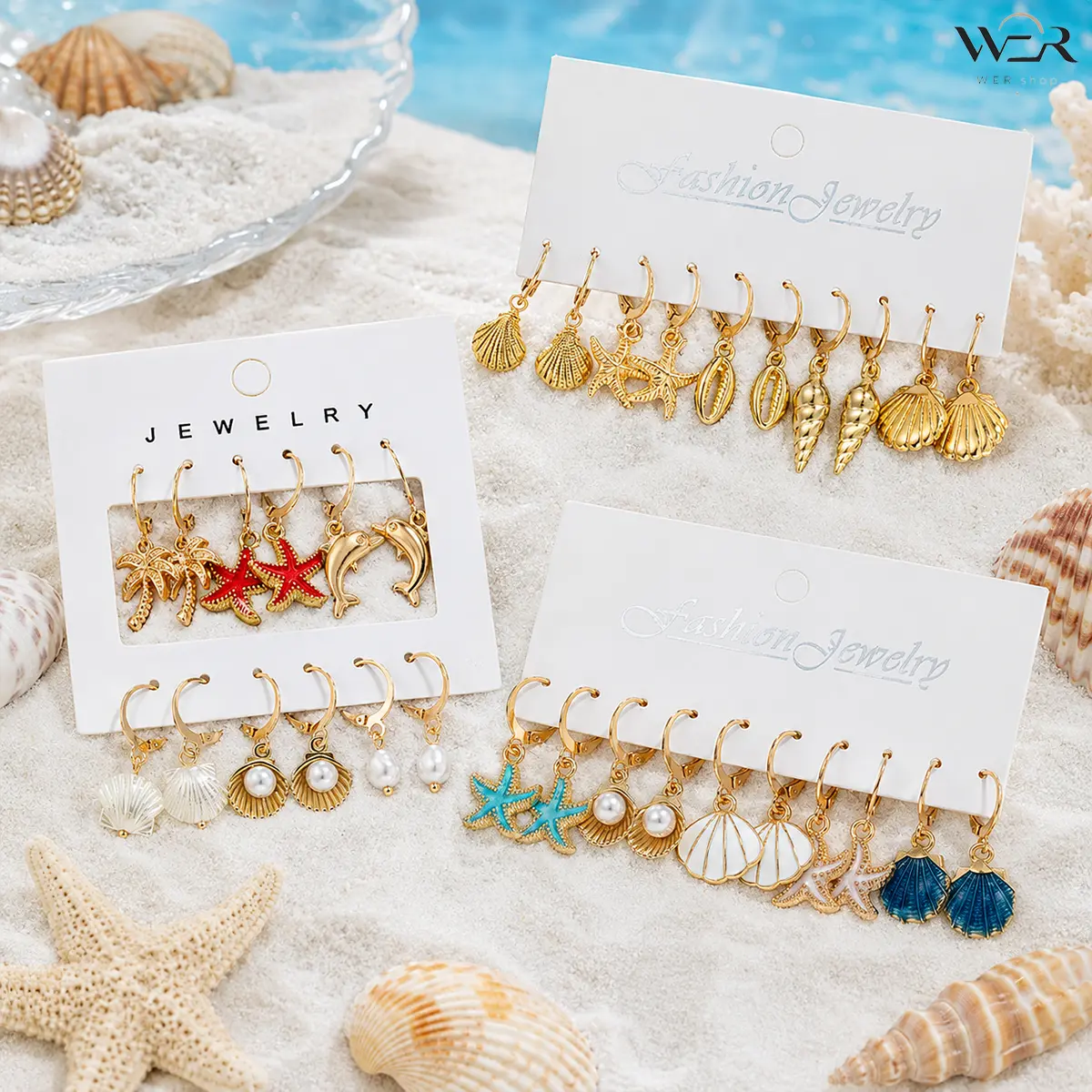 Women's Metal Plated Gold Hoop Earrings - Lightweight, Comfortable Beach Theme Costume Jewelry with Seashell, Starfish, Dolphin, Palm Tree, Pearl Charms - Daily Wear, Summer Vacation Gifts, Seashell Pattern Jewelry Sets