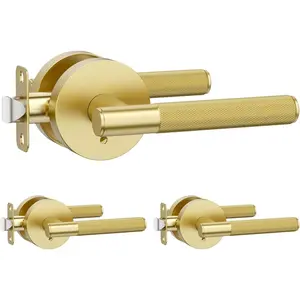 3 Pack Brushed Gold Interior Door Handles, Knurled Privacy Door Handles with Lock, Heavy Duty Gold Door Lever for Bedroom Bathroom, Reversible Keyless for Left Right Handed Doors