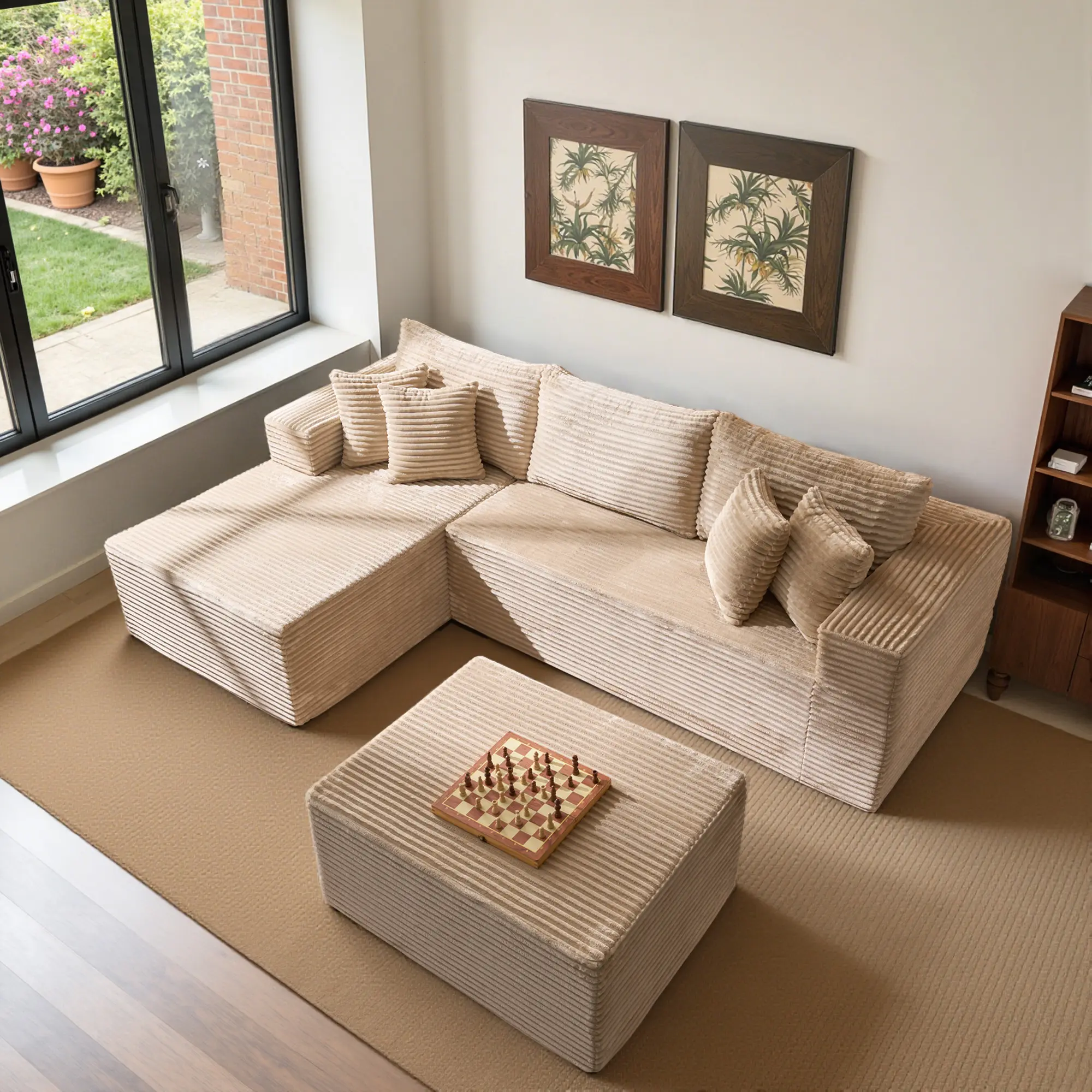 Beige Corduroy Left Chaise With Ottoman