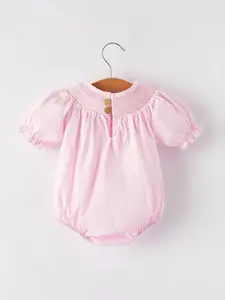 White Bow Smock Embroidered Pink Romper