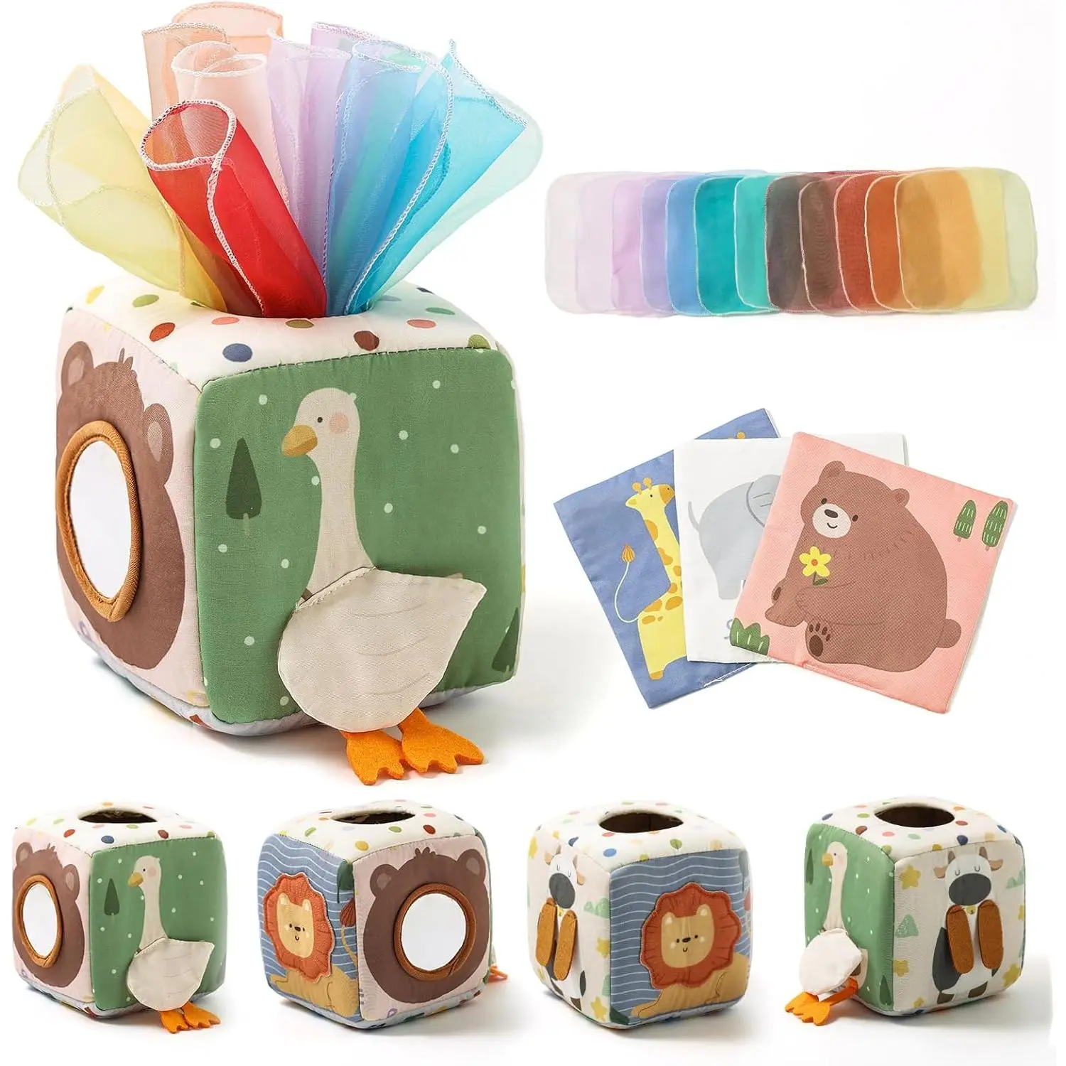 Soft Crinkle Tissue Box Montessori Toy for 6, 9, 12, 18 Month Old Infants, Fine Motor Skill Building Pull Play Toy, Non-Toxic Quiet Indoor Activity Toy, Thoughtful First Birthday Present for Toddler Boys Girls Early Learning Supplies