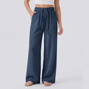 Women’s solid-color wide straight-leg pants, high waist with elastic drawstring, drapey, breathable casual long pants