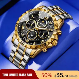 Luxury business watch for men. 45mm large blue dial, stainless steel strap, analog quartz movement, waterproof and luminous display. Classic boss style, comes with gift box, perfect for daily wear, business occasions and gifting.