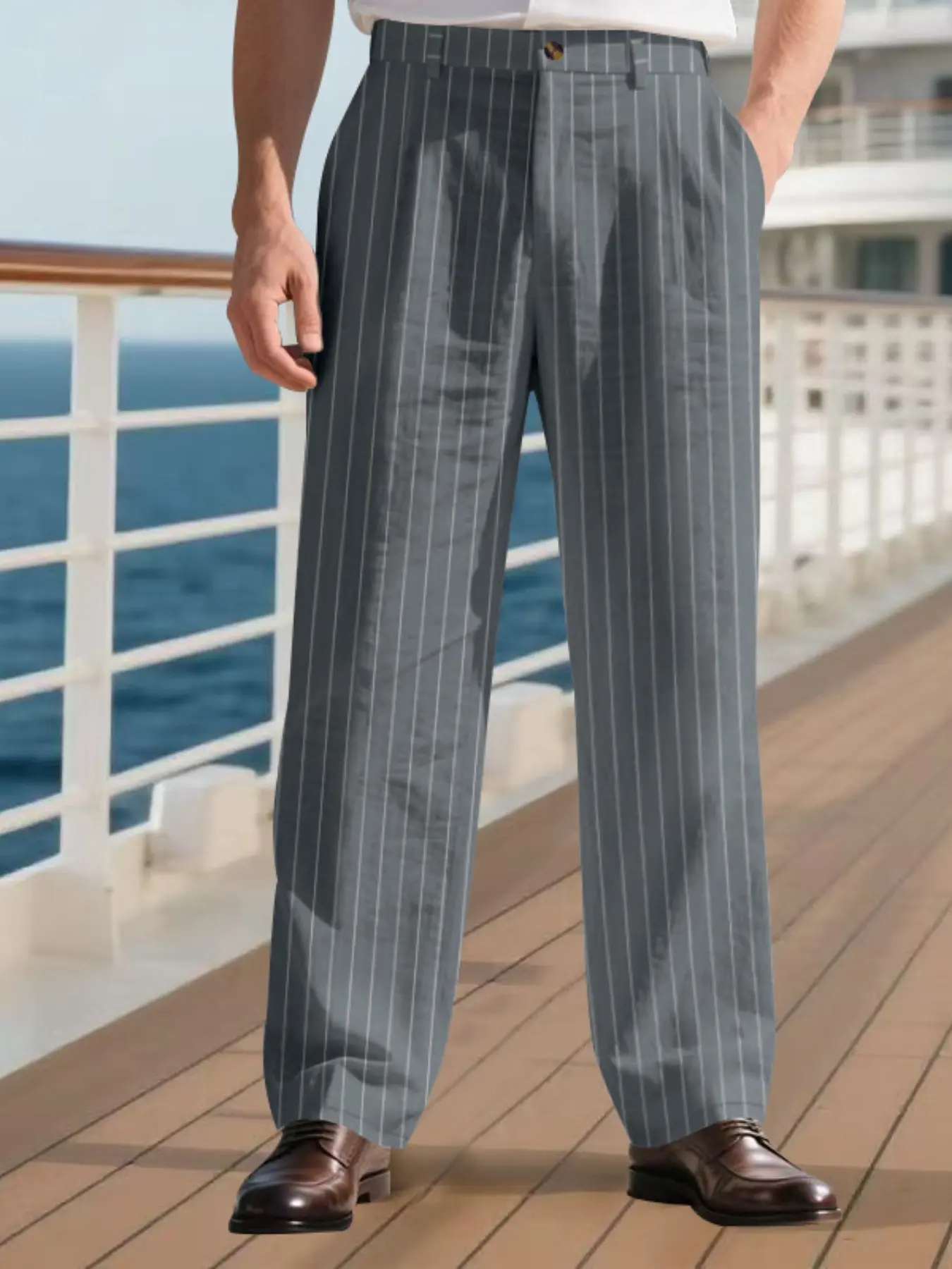 Men's Fashion Linen Pants, Casual Striped Design, Breathable Straight Leg Suit Long Pants, Casual Lounge Pants, Fall Season, Comfortable and Stylish