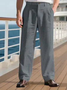 Men's Fashion Linen Pants, Casual Striped Design, Breathable Straight Leg Suit Long Pants, Casual Lounge Pants, Fall Season, Comfortable and Stylish