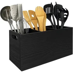 Wood Utensil Holder Organizer for Counter - Large Wooden Utensil Caddy for Countertop - 3 Compartment Cooking Tool Storage for Spatula - Farmhouse Kitchen Decor and Accessories (Black)