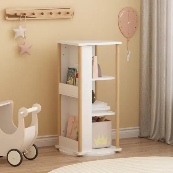 Kids' 3-Tier Solid Wood Rotating Bookcase with Rotating Base, Square Shape, Chalkboard - Floor Revolving Shelf, Toy Storage Organizer, Picture Book Display for Toddlers' Nursery, White & Natural