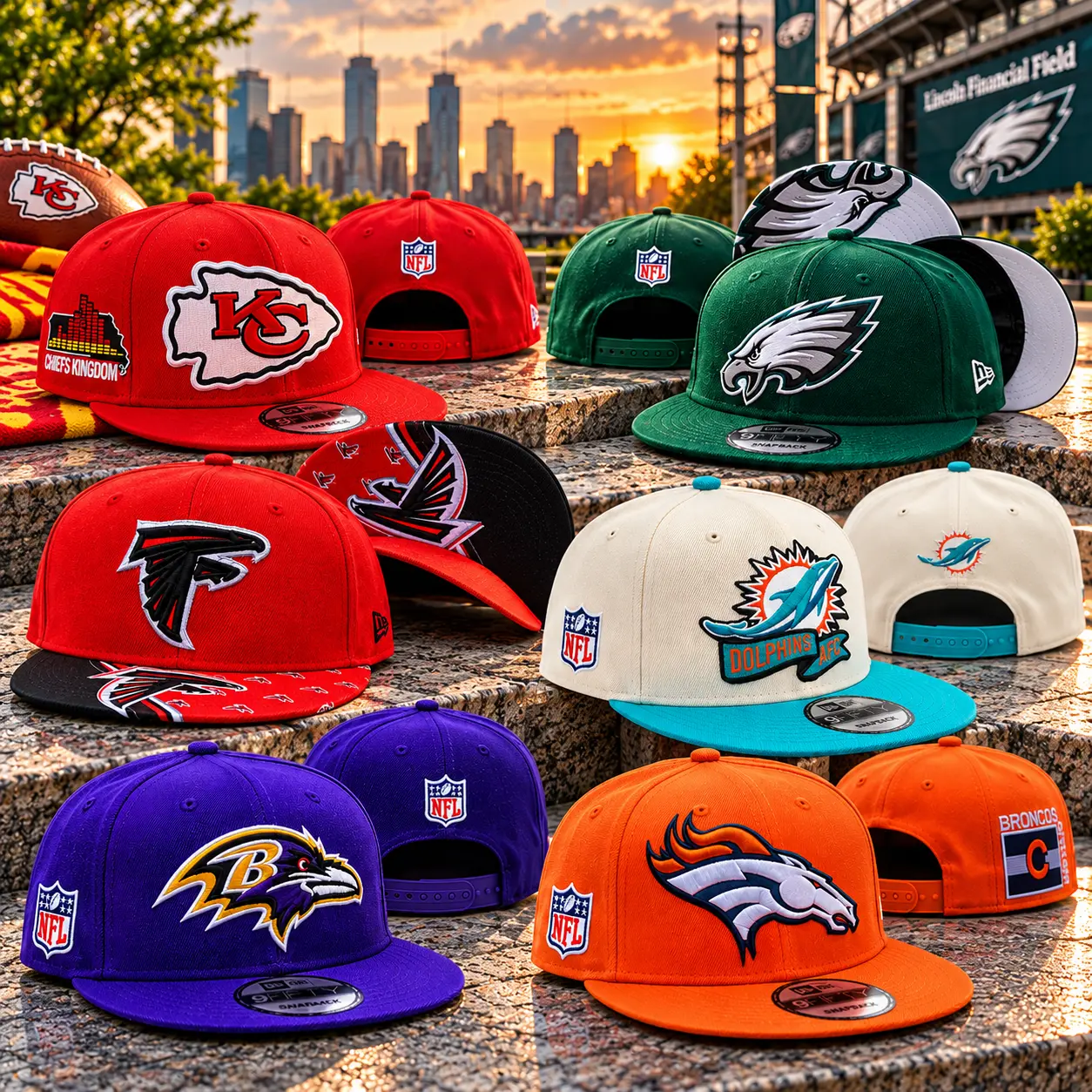 NFL Football Team Snapback Hats – Kansas City Chiefs, Philadelphia Eagles, Atlanta Falcons, Miami Dolphins, Baltimore Ravens & Denver Broncos Embroidered Flat Brim Baseball Caps for Men & Women, Game Day Streetwear