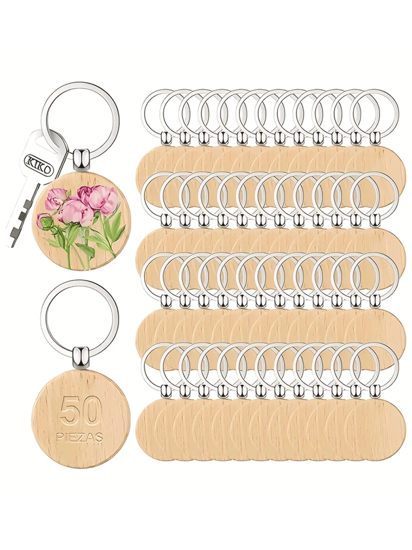 50pcs Wooden Round Keychains Set, Keychain Pendant, DIY Gift, Decorative Key Tags, Unisex Wood Accessories, All Seasons Use, Boho Style