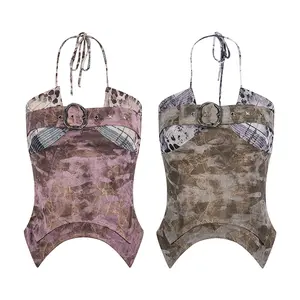 FDR Distressed Marble Print Belt Buckle Curved Hem Halter Wrap Top