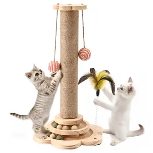 itten & Small Cat Scratching Post, Sisal Scratch Post for Indoor Cats with Hanging Toys, Solid Wooden Multi - Track, Interactive Cat Play Equipment Vertical Scratcher