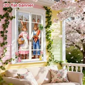 A 2D Flat Banner Featuring Easter-Themed Decorations for Windows, Made of Polyester And Printed with Designs of Easter Bunnies, Easter Eggs, And More. It'S Perfect for Decorating Easter-Themed Parties