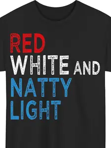 Cotton Men'S Funny Beer Lover T-Shirt - RED WHITE AND NATTY LIGHT Graphic Tee | Machine Washable Black Shirt for Gym, Running, BBQs, Parties - Lightweight Beer Enthusiast Apparel, Gym Casualwear, Casual, Crew Neck, Regular Fit, All-season