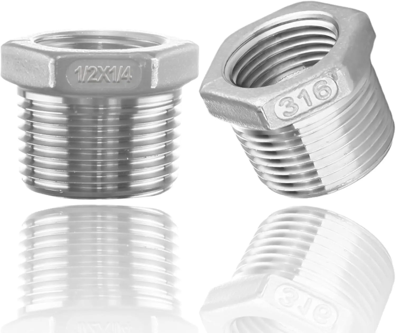 316 Stainless Steel Hex Bushing Reducer Pipe Fitting Adapter - 1/2" to 1/4" NPT, Accurate Male to Female Threads, Convenient Hexagonal Design, Smooth Surface, Wrench Grip for Residential, Commercial Industrial Plumbing Pipe Systems