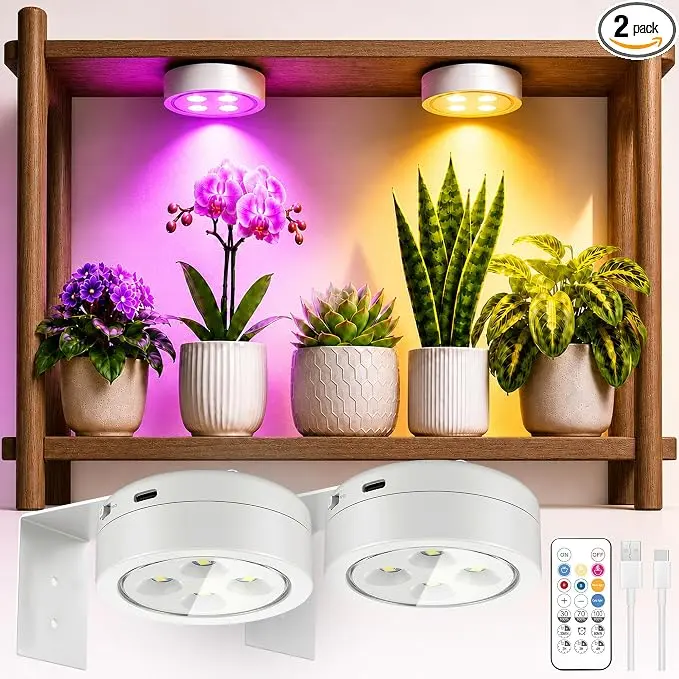 2/4 Pack Rechargeable Battery Grow Light, Full Spectrum Indoor Plant Light | Cordless, Timer & Remote, Stepless Dimming, Type-C Charging 2000mAh, Wireless Magnetic Puck Plant Lights for Indoor Growing