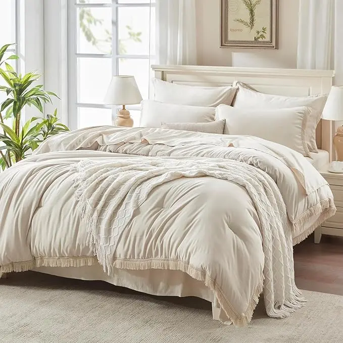 Andency White/Black Comforter Set marshmellow Soft Lightweight Breathable Bedding Set 7 Piece for All Season Durable Machine Washable Girl Gifts