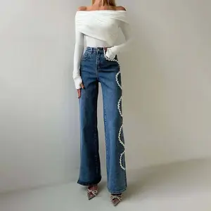 Women's Mid-waist Wide-leg Jeans With Heavy Craft Diamond-embellished Wavy Patterns, Featuring Classic Zipper And Button Fly With Functional Pockets, Split Hems, And A Drapey Straight Cut. Suitable For All Seasons And Various Occasions.