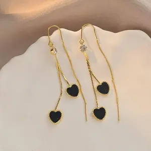 Black Heart Tassel Long Earrings - Statement, Artistic, Casual Style Fashion Costume Jewelry with Anti-Loss Ear Thread, Statement Earrings, Artistic Earrings