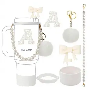 Letter Pattern Tumbler Cup Mug Accessories Set, 6 Counts/set Including Silicone Straw Cover, Pom Charm, Letter Stickers, Pearl Handle Strap & Silicone Boot, Drinkware
