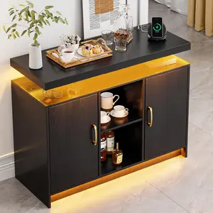 HOMBCK LED Lights Buffet Cabinet, Sideboard Coffee Bar Cabinet with Charging Station, Adjustable Shelf, Buffet Cabinet with Storage