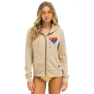 RAINBOW HEART STITCH ZIP HOODIE - SAND