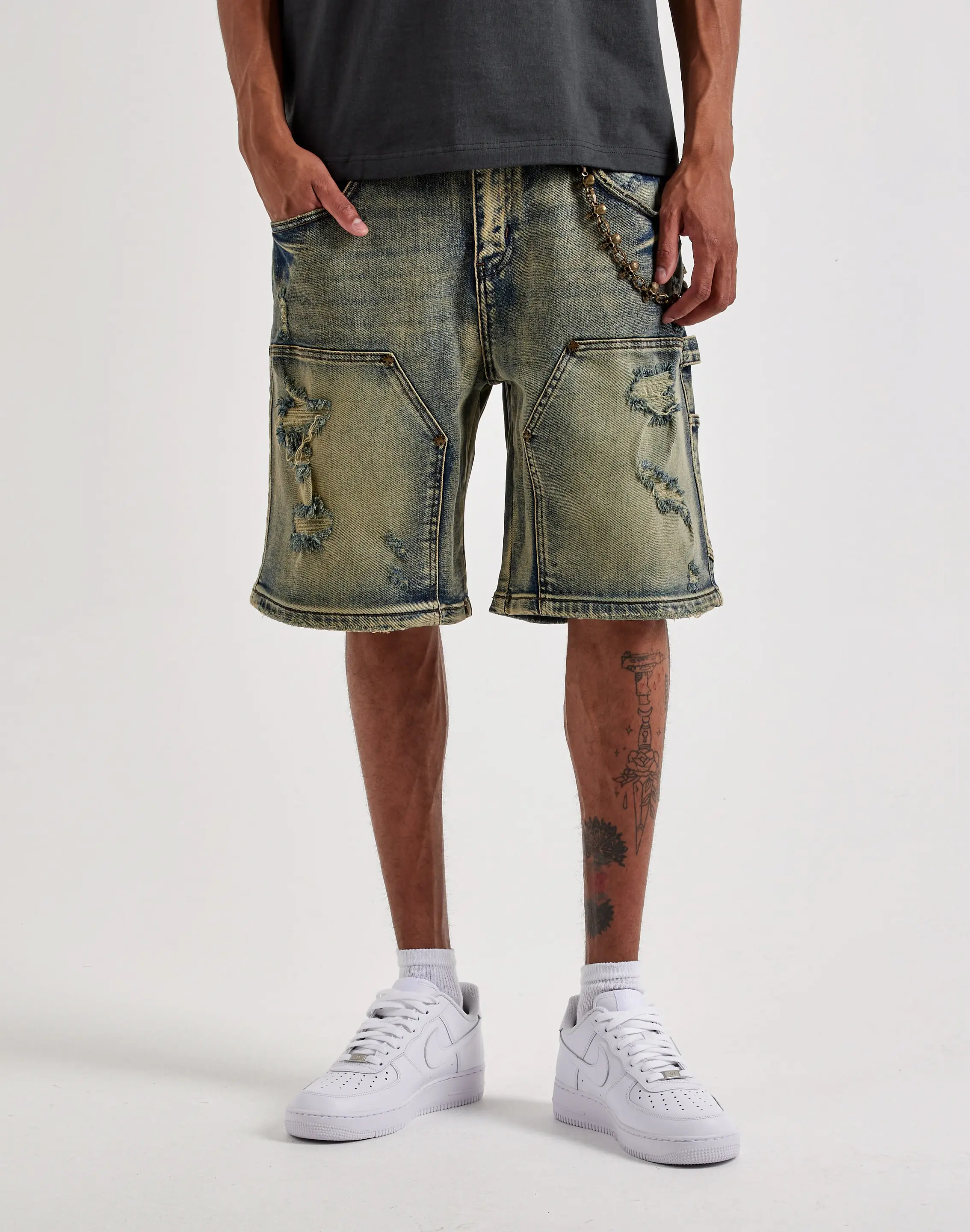 Mens Kilogram Distressed Double-Knee Skull Chain Denim Shorts