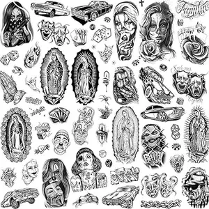 6 Sheets Large Chicano Temporary Tattoos For Men Women Adult, Chicana Guadalupe Gangster Fake Tattoos Prisoner Day of the Dead, Halloween Mexico Tattoo Stickers, Tatuajes Temporales Autocolante