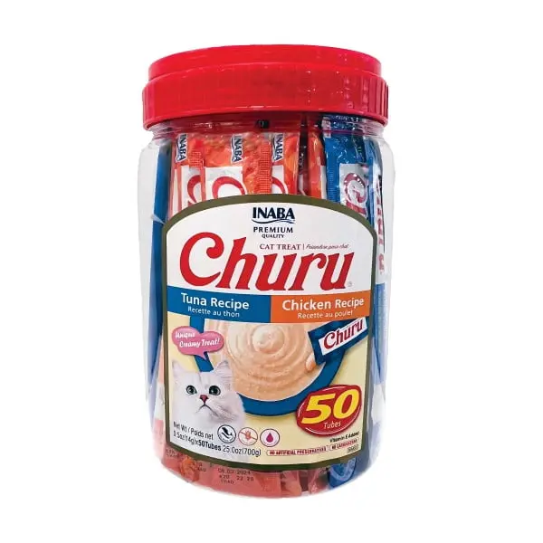 INABA Churu Cat Treats For Hydrating Snack Grain-Free Creamy Puree Tuna & Chicken Variety Pack 0.5 oz 50 Tubes