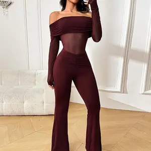 XY24562DGO-Fall Womens Casual Mesh Patchwork One Shoulder Long Sleeve Jumpsuit Solid Off-shoulder Bodycon Outfit SpringStatements