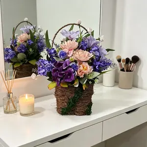 Elegant Lavender and Blush Artificial Flower Basket, Mixed Hydrangea, Daisy, Peony, Rustic Wall and Porch Decor, Country Style Decoration