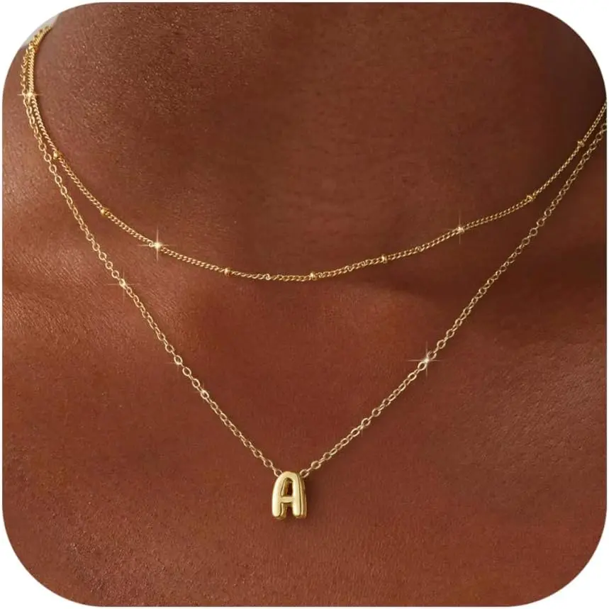 Women's Dainty Bubble Letter Layered Initial Necklace - Cute Choker Pendant Stack Jewelry, Christmas Gift Stocking Stuffer, Trendy Teen Accessory, Initial Necklaces