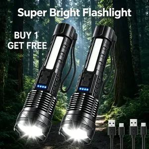 【BUY1 GET1】2 Pack Rechargeable LED Flashlights with Zoomable Beam, 6 Lighting Modes, COB Side Light, USB Charging, Power Display & Red Blue Flashing Light for Camping and Outdoor Use