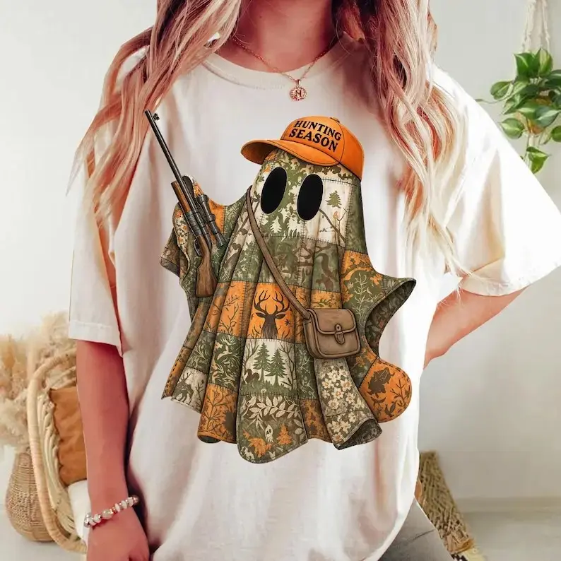 Comfort Colors Hunting Season Ghost Shirt, Patchwork Camo Ghost T-Shirt, Rustic Fall Hunting, Deer Hunting Tshirt