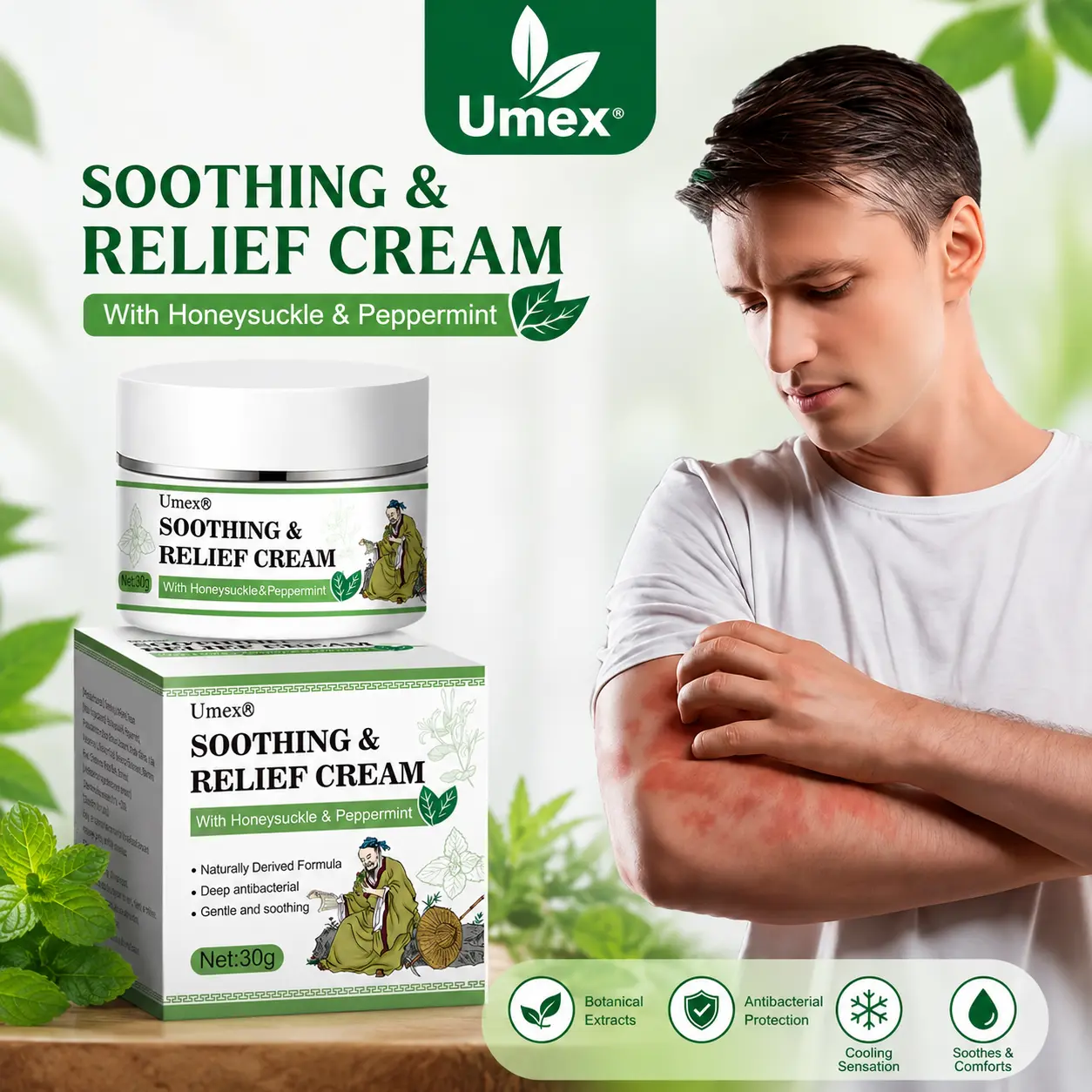 Umex Soothing Relief Cream with Honeysuckle & Peppermint - 30g, 100% Natural Botanical Plant-Based, Alcohol-Free, Gentle for All Ages, Fast-Acting Itch Relief, Hydrates Dry Sensitive Skin, Therapeutic for Eczema & Psoriasis, 36-Month Shelf Life