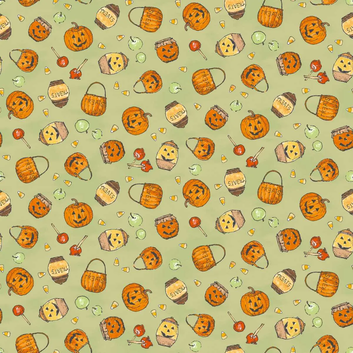 Fabric Studio E Green Pumpkins and Pots Haunted Acre Wood by the Quarter Yard 9136-66