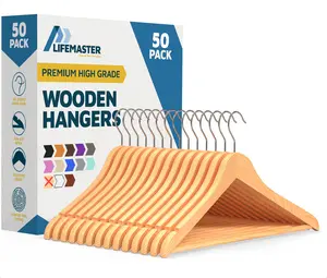 Lifemaster Wooden Hanger Set - 50 Pieces Non-Slip Versatile Closet Space-Saving Hanger Set for Suit, Coat, Camisole, Jacket, Pants, and Dresses with Rotating Swivel Hook