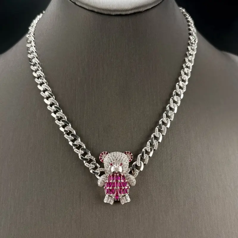 925 Sterling Silver Rhodium-Plated 7mm Miami Cuban Link Chain, Teddy Bear Charm Adorned with Pink and Clear Baguette CZs