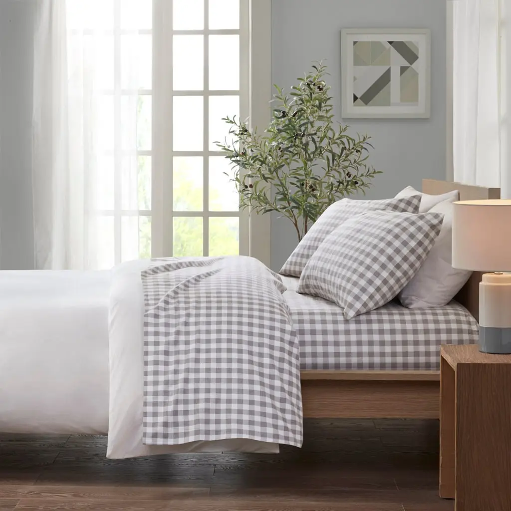 True North by Sleep Philosophy TN20-0569 Twin Size Comfy Bedding Set - Cozy Cotton Flannel Printed Bedding Sheet Set, Gray Herringbone Check, 66x96x0.13 in.