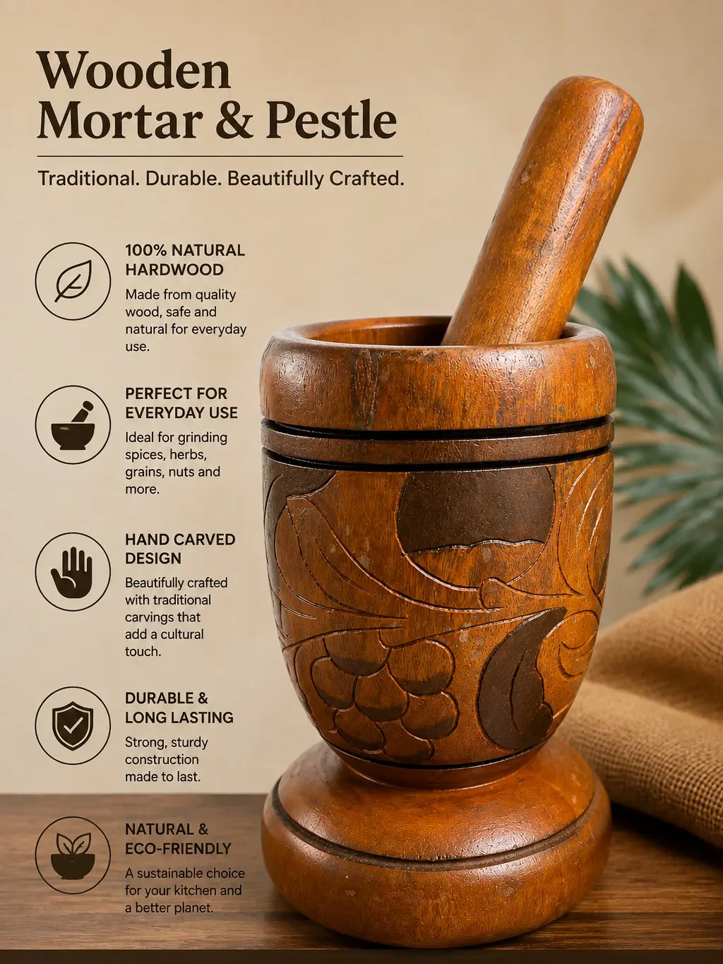 Wooden Mortar & Pestle - 100% Natural Hardwood, Hand Carved Design, Durable & Long Lasting, Perfect for Everyday Use, Traditional & Eco-Friendly