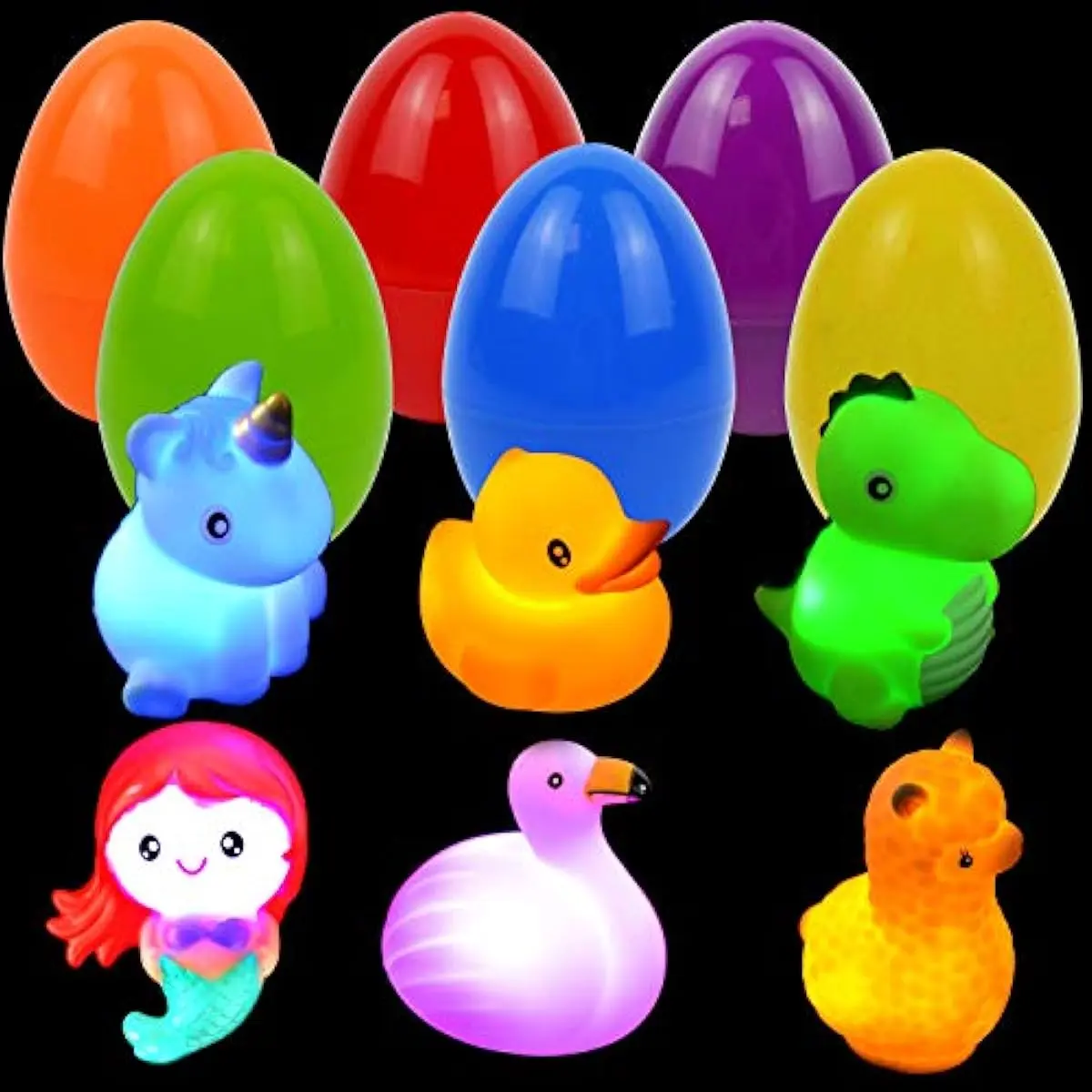 6 Pcs Pre-Filled Easter Eggs with Light-up Floating Bath Toys for Kids Toddler Eggs Hunt, Basket Stuffers/Fillers, Filling Treats, Party Favor, Classroom Prize Supplies