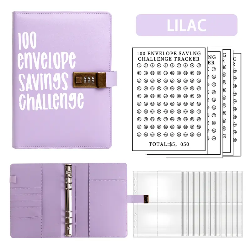 Combination Code Lock 100 Envelopes Money Saving Challenge Binder - Easy & Fun Way to Save $5,050, Modern Style, Non-Customized, No Warranty